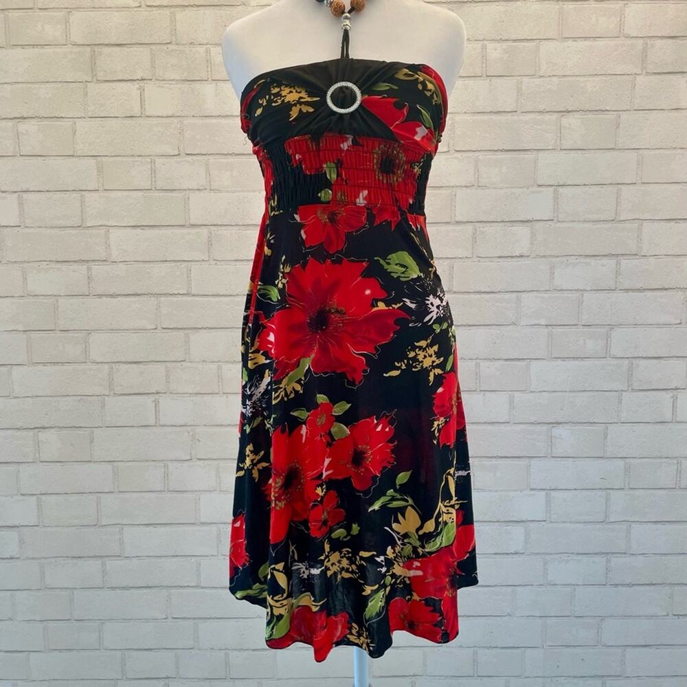 Vintage Floral Strapless Dress with Beaded Neck Detail
